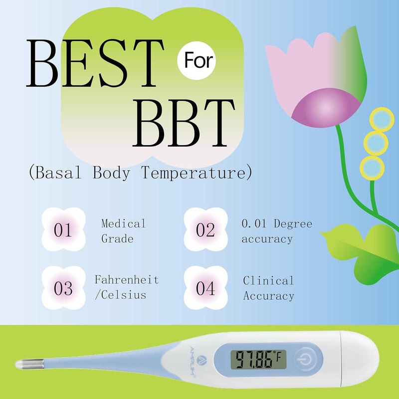 Amplim Digital Basal Thermometer, Medical Grade Accurate BBT for Ovulation Tracking, 1/100th Degree High Precision Fertility Prediction, 60-Sec Read, Memory Recall, Flexible Waterproof Tip – Blue - Image 2